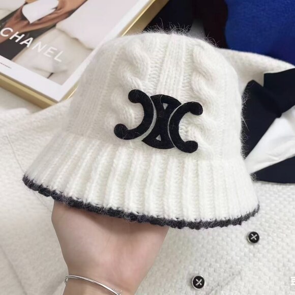 CELINE Tops - Celine Triomphe Cable Knit Bucket Beanie in White